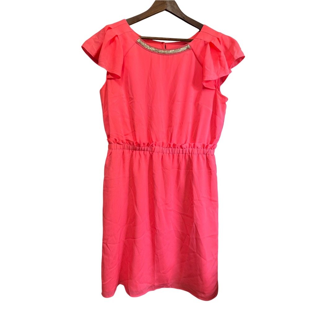 Gianni Bini Mini Dress Womens L Pink Excellent Beaded Neck Flutter Sleeve Ruffle